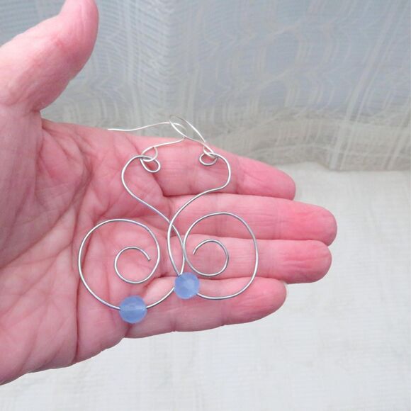 Silver Dangle Spiral Earrings with Blue Stone Handmade Lightweight Drop Earrings - Picture 6 of 8